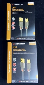 2X Monster Essentials Standard USB to USB/B Cables Black 3M/9.84Ft - Brand New - Picture 1 of 2