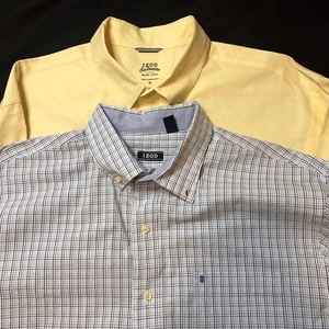 IZOD Shirt Lot Button Down Blue Poplin Checked Yellow Saltwater Cotton EUC Sz XL - Picture 1 of 22
