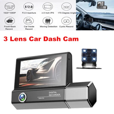 Car 3 Lens Dash Cam HD Front/Rear/Inside Video Recorder Camera Loop Recording - Image 1 of 4