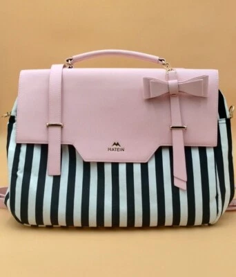 Matein Laptop Backpack Pink W/Black & White Stripes. Perfect 4 Students/Travel - Image 1 of 4