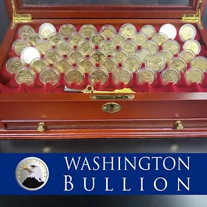Full Set Of 50 US State Quarters Gold Plated, In Capsules W/ Glass Display Case - Picture 1 of 6