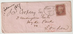 1857 LIVERPOOL SPOON POSTMARK TYPE A13 PINK PAPER ENV 2 KENSINGTON GATE LONDON - Picture 1 of 3