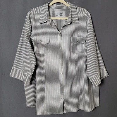 Top Croft & Barrow para mujer gris a rayas carrera lengüeta enrollable manga abotonada 2X Foto 1 de 4