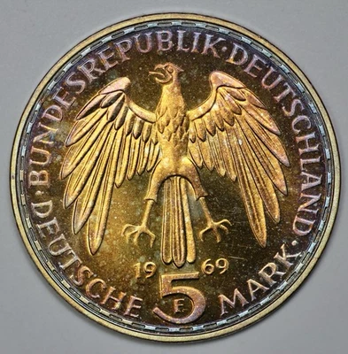 1969 Germany Proof 5 Mark Striking Magenta And Gold Toned Reverse - Image 1 of 3
