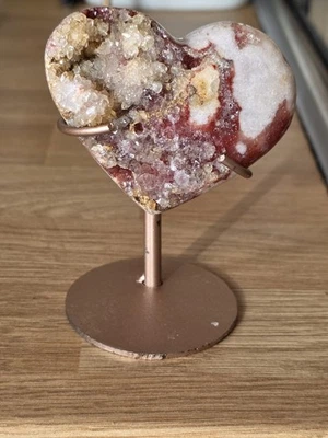 Pink amethyst high quality heart  crystal on custom holder  so pretty see video  - Image 1 of 4
