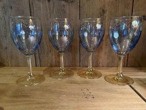 VTG Czech Teal Blue Wine Glasses Gold Tulip Gilt Rim Carnival Glass Bottom MCM - Picture 1 of 14