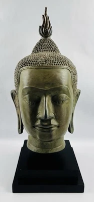 Тайская бронзовая фигурка головы Будды в натуральную величину статуэтка на деревянной подставке - Изображение 1 из 4