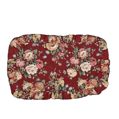 2 Vintage 70s Ruffled Pillowcases Shams Large King Red Floral Print Pair Cottage - Image 1 of 4