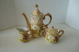 VINTAGE LEFTON HERITAGE BROWN ROSES COFFEE POT CREAMER SUGAR BOWL 3 PC. SET - Picture 1 of 9