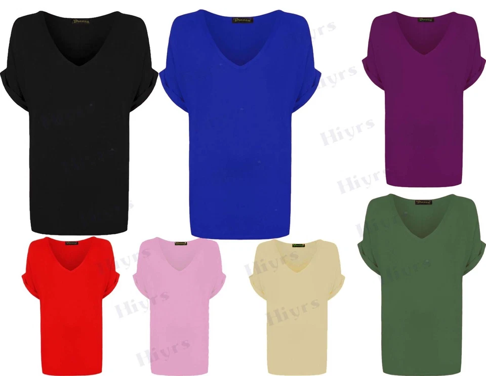 T-Shirt Femme Oversize Ample Détendu À Manches Chauve-Souris Revers V Col - Photo 1/1