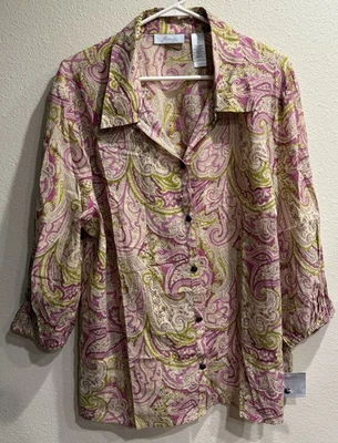 Blusa JH Collectibles Plus 3X Multicolor Algodón Transparente Paisley Cuello Abotonado Foto 1 de 4