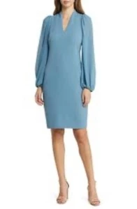 NWT Vince Camuto Dusty Blue Chiffon Long Sleeve V-Neck Crepe Sheath Dress Size 2 - Picture 1 of 7