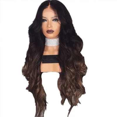 MARKENLOS Damen Black Braun Ombre Wellig Lange Perücken Lady Vollkopf Kunsthaar Perücke D