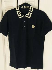 Men's Polo Versace T Shirt Short Sleeve Black Gold US Slim L Size Embroidered - Picture 1 of 6