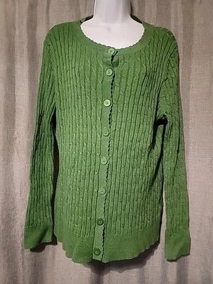 Laura Scott Women Green Size Petite XL Collarless Cable-Knit Cardigan Sweater - Image 1 of 4