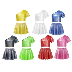 Kids Girls Dance Outfit Metallic Dancewear One Shoulder Crop Top With Skirt - Picture 1 of 84