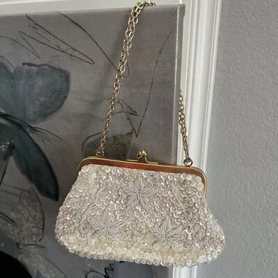 VTG White Pearl Bead & Sequin Evening Bag Gold Tone Chain Hand Made in Hong Kong - image 1 of 4