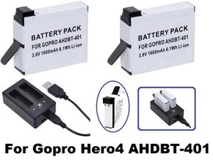 2 Stck. Hochkapazität AHDBT-401 Akku & Dual Ladegerät für GoPro HD HERO4 schwarz silber - Bild 1 von 7