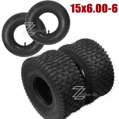 2x Reifen Mantel / Schlauch 15x6.00-6 Winkelventil für Aufsitzmäher Rasentraktor - Bild 1 von 4