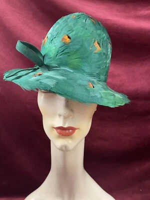 复古 60 年代羽毛帽绿色羊毛 70 年代 Mod 古董高皇冠 Albrizio Nos — 第 1/4 张图片