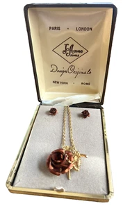 Cadena de oro JoAnne Jewels vintage con colgante rosa de otoño y pendientes de poste caja original - Imagen 1 de 10