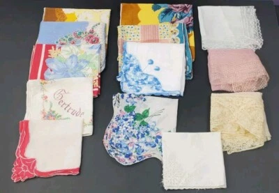 LOT OF 13 VINTAGE HANKIES  Cotton, Embroidered,  Lace, Different Sizes Styles - Image 1 of 4
