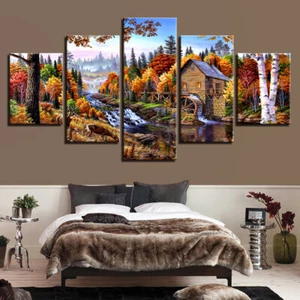 Landscape Forest Trees Cottage River Canvas Prints Painting Wall Art Home Decor - Picture 1 of 5