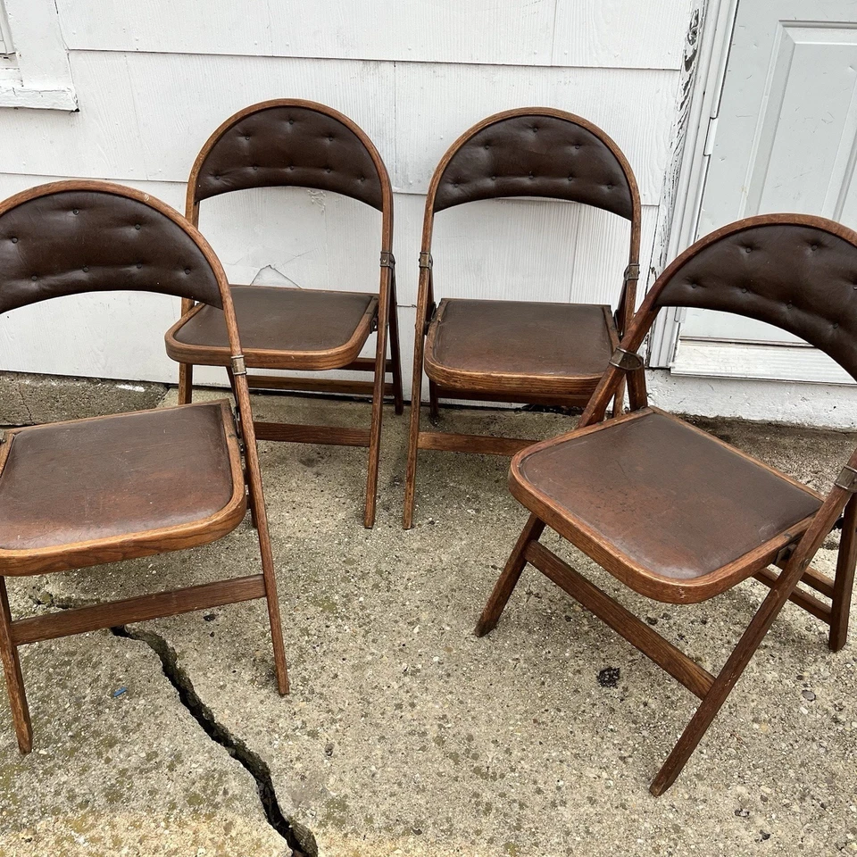 4 Antique Bentwood Wood Folding Chair Brown Vinyl Padded Seat Art Deco 1930s - Image 1 of 4