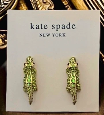 NUEVO KATE SPADE Pendientes Cocodrilo Caimán Pantanado Cristales Verdes Tono Dorado Foto 1 de 4
