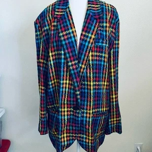 Vintage Colorful Plaid Women's Blazer Whit Pockets - Picture 1 of 11