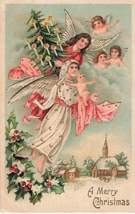 Christmas Angel Postcard Angels Cherubs and Baby Christmas Tree c 1908 U5 - Picture 1 of 2