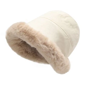 Women Winter Furry Bucket Hat Rolled Brim Faux Fur Cloche Hat with Fleece Lin... - Picture 1 of 9