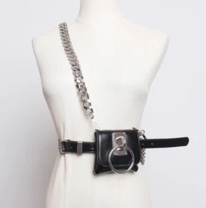 Black Chain Mini Belt Bag Gothic Adjustable Vegan Leather Buckle Streetwear Bag - Bild 1 von 9