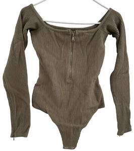 Good American Half Zip Ribbed Bodysuit Sea Turtle Green Size 2 Medium - Picture 1 of 9