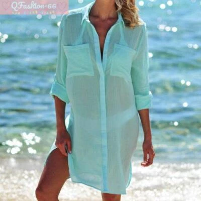 Womens Summer Swimwear Beachwear Bikini Beach Cover Up Short Dress Long Shirt - Image 1 of 4