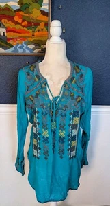 Sundance Katalog bestickte blaue Boho Long Tunika mit Frontband Gr. Medium M - Bild 1 von 10