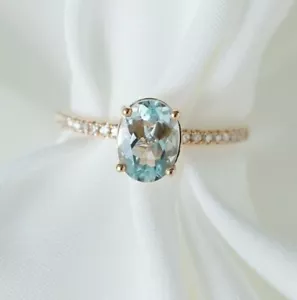 Gift For Her 14k Yello Gold Natural Aquamarine Diamond Minimal Band Wedding Ring - Picture 1 of 3