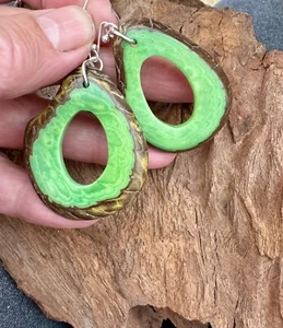 Bright Green Sliced Tagua Nut earrings Sterling Silver ear wires - Picture 1 of 6