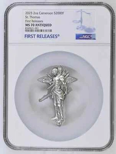 Moneta Argento 2 Oz 2025 Camerun San Tommaso Anticato Altorilievo NGC MS 70 POP 3! - Foto 1 di 3