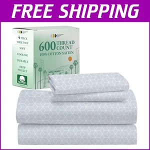 Luxurious 4-Piece King Cotton Sheet Set - 600 Thread Count with Geometric Design - Picture 1 of 9