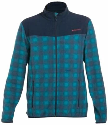 DECATHLON Mens Teal Grey Check Soft Warm Full Zip Front Fleece Jacket Pockets