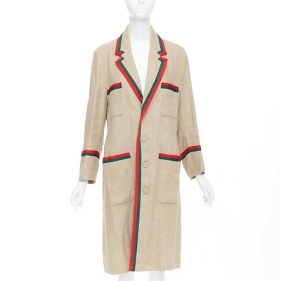 GUCCI Garden Alessandro Michele beige green red web trim long coat - Image 1 of 4