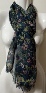 Talbots Scarf Silk Wool Cashmere Blend Peacocks Floral Wrap Fringe Elegant 24x68 - Picture 1 of 11