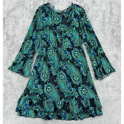 Tiana B Dress Large Paisley Bohemian Festival Cottage Knit Bell Sleeve Boho Blue - Image 1 of 4