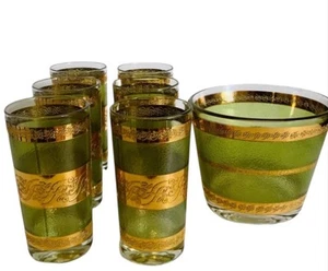 VINTAGE MCM CULVER STARLYTE 6 Highball Glasses Ice Bucket & CADDY Green & Gold - Picture 1 of 4