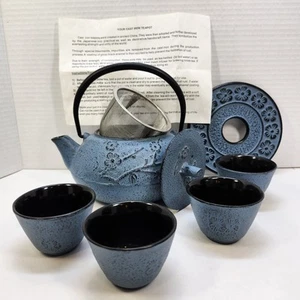 28 oz Cast Iron Teapot Tea Kettle Enamel Interior w/ Infuser Trivet & 4 Cups NEW - Picture 1 of 23