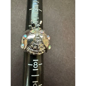 Silvertone Lady Bug Size 7 Adjustable Ring Crystal Accents - Picture 1 of 4
