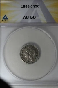 1888  .03  ANACS  AU 50  Three Cent Nickel, Liberty Three Cent Piece - Picture 1 of 2