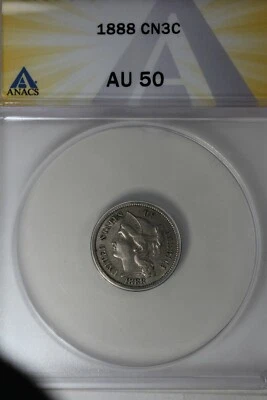 1888  .03  ANACS  AU 50  Three Cent Nickel, Liberty Three Cent Piece - Image 1 of 2
