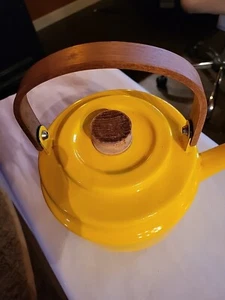Vintage Bright Yellow Enamel Metal Teapot with Wood Handle and knob Farm Style - Picture 1 of 6